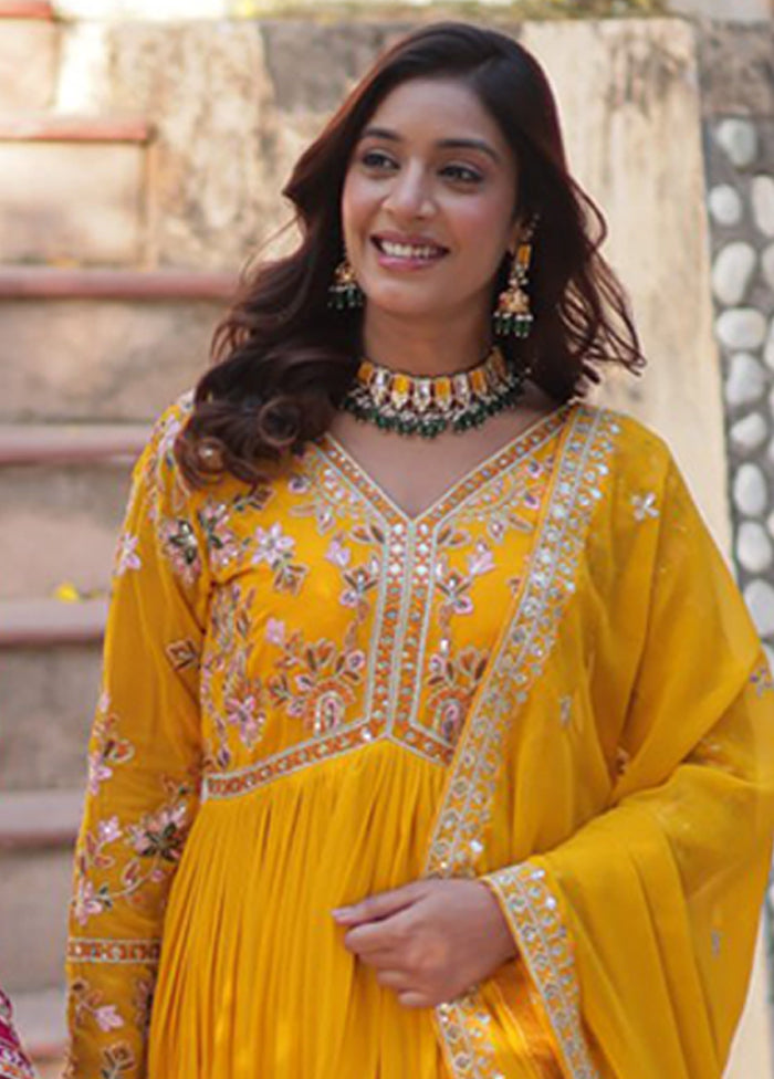 Maroon & Yellow Woven Work Silk Gown pack of 2 With 2 Dupattas