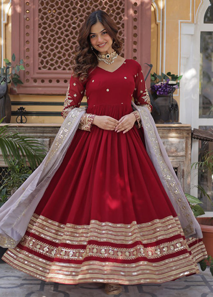Maroon Woven Work Silk Gown With Dupatta