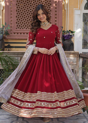 Maroon Woven Work Silk Gown With Dupatta