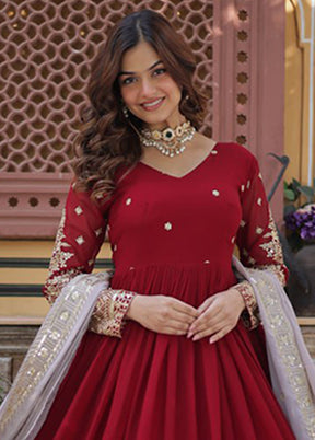 Maroon Woven Work Silk Gown With Dupatta