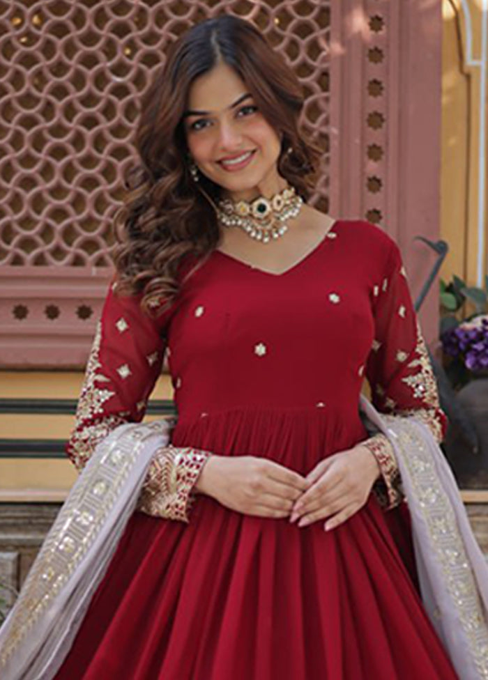 Maroon Woven Work Silk Gown With Dupatta