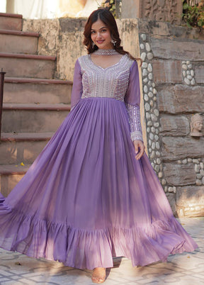 Lavender Woven Work Georgette Gown With Dupatta