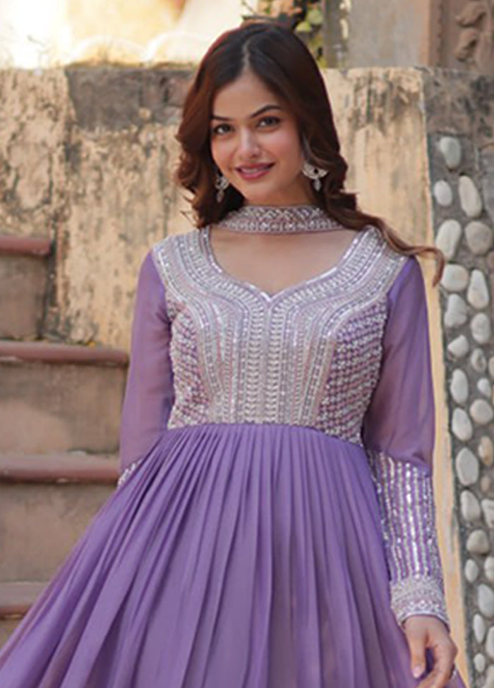 Lavender Woven Work Georgette Gown With Dupatta