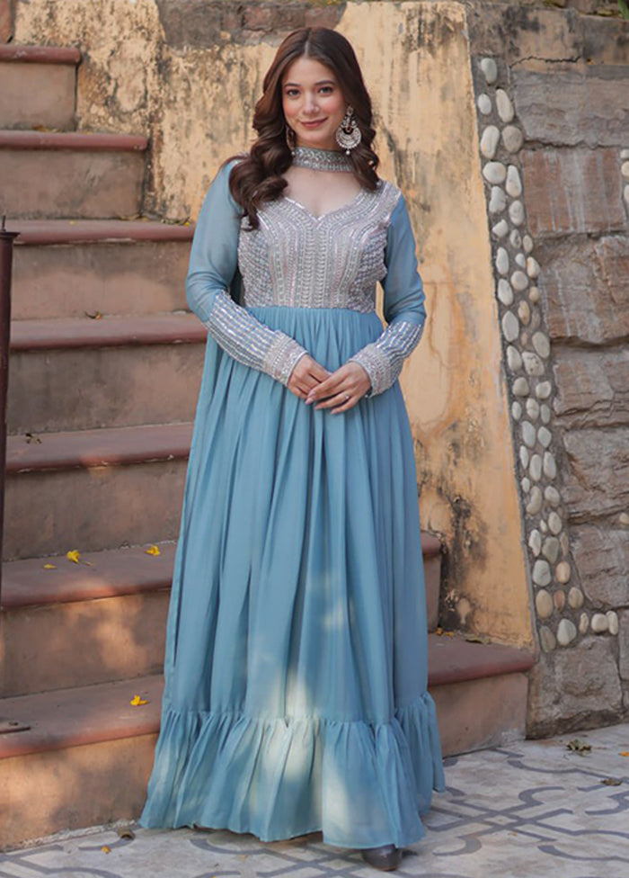 Green Woven Work Georgette Gown With Dupatta