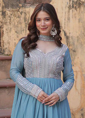 Green Woven Work Georgette Gown With Dupatta