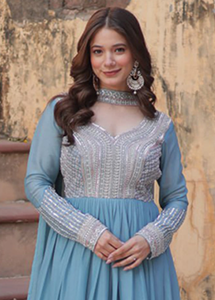 Green Woven Work Georgette Gown With Dupatta