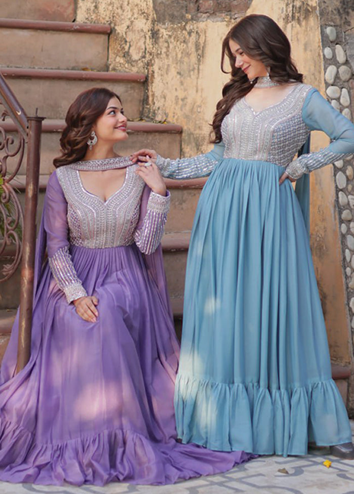 Purple & Blue Woven Work Georgette Gown pack of 2 With 2 Dupattas