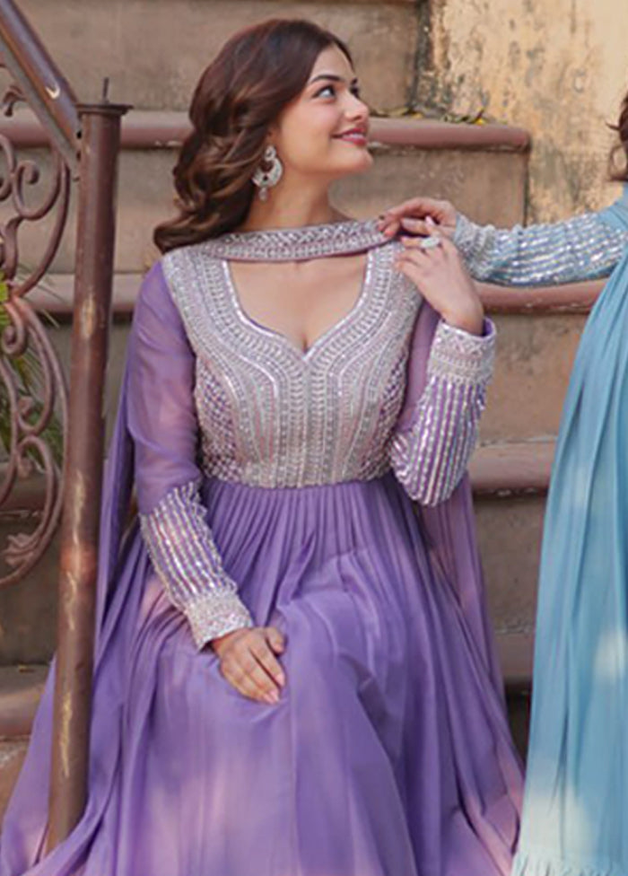 Purple & Blue Woven Work Georgette Gown pack of 2 With 2 Dupattas