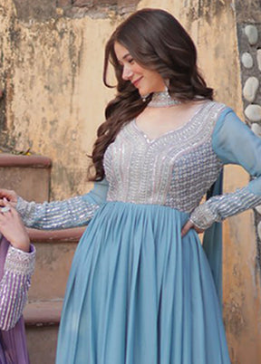 Purple & Blue Woven Work Georgette Gown pack of 2 With 2 Dupattas