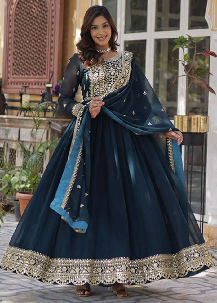 Green Woven Work Silk Gown With Dupatta