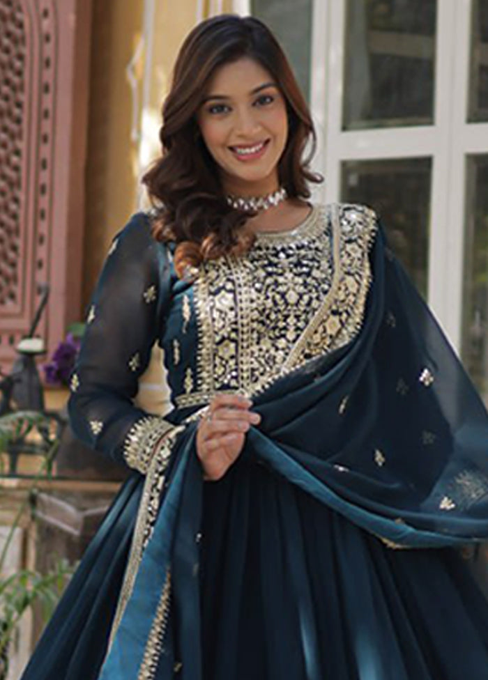 Green Woven Work Silk Gown With Dupatta