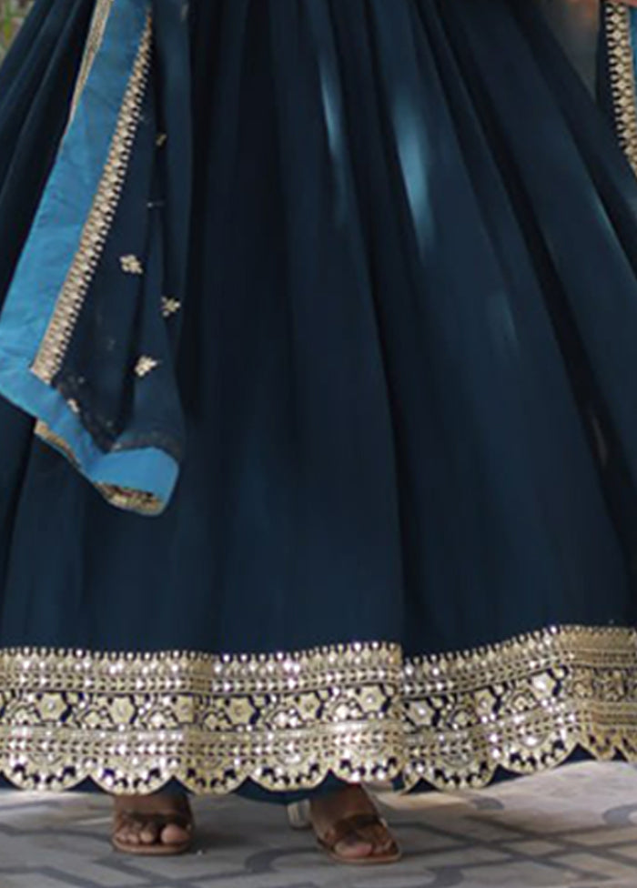 Green Woven Work Silk Gown With Dupatta