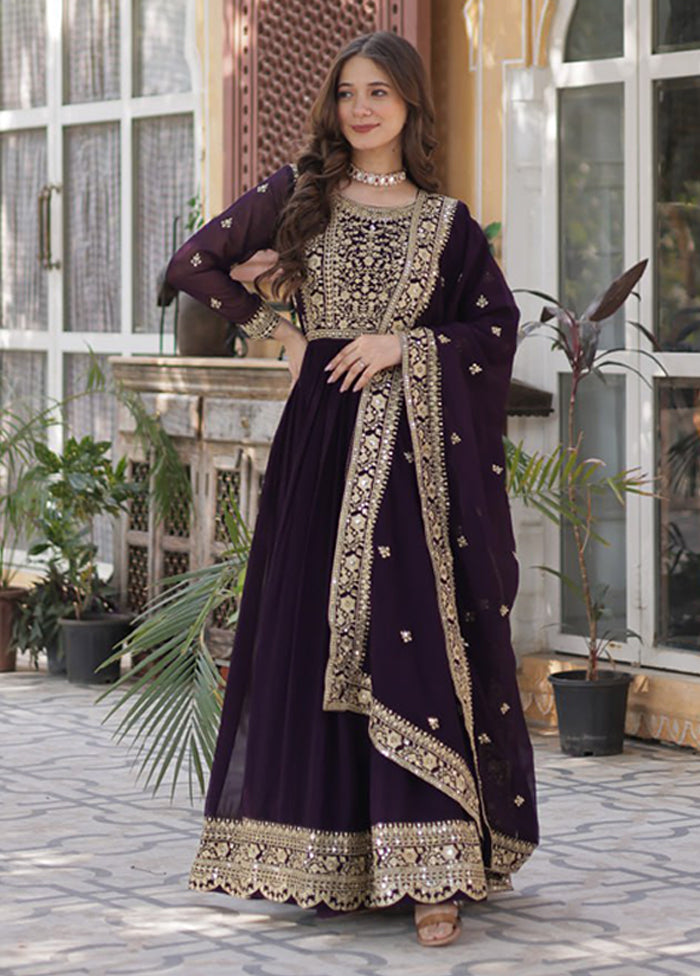 Wine Woven Work Silk Gown With Dupatta