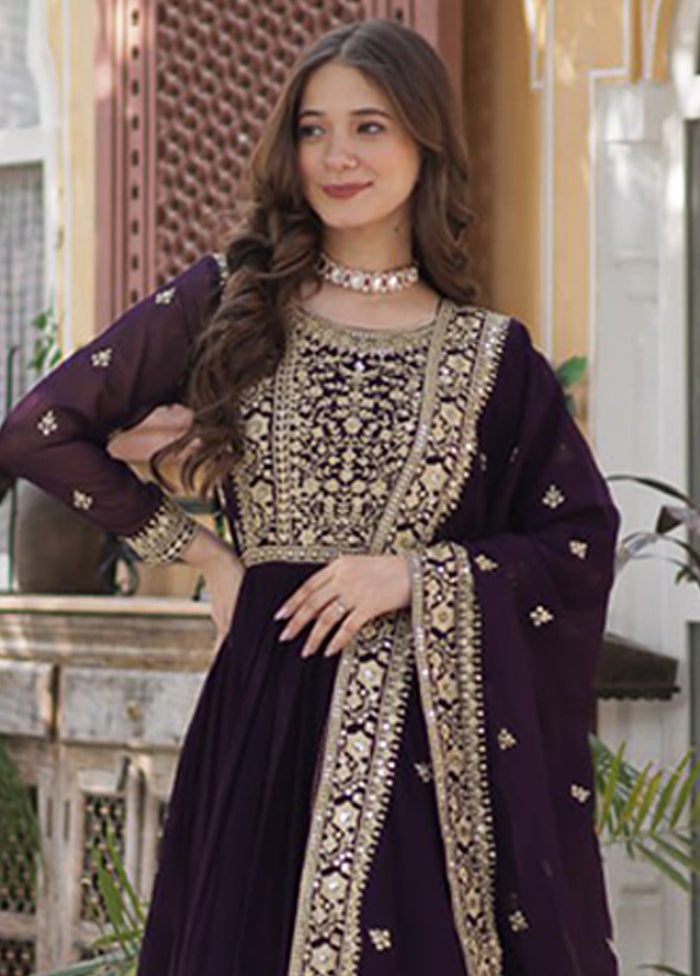 Wine Woven Work Silk Gown With Dupatta