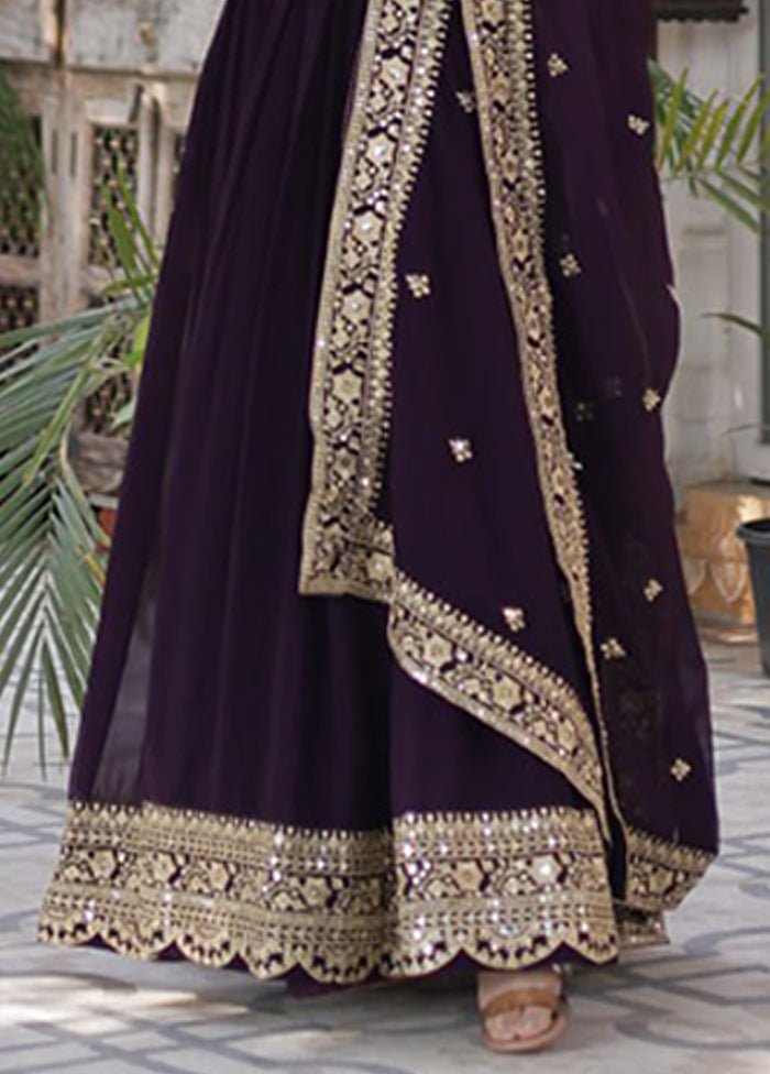Wine Woven Work Silk Gown With Dupatta