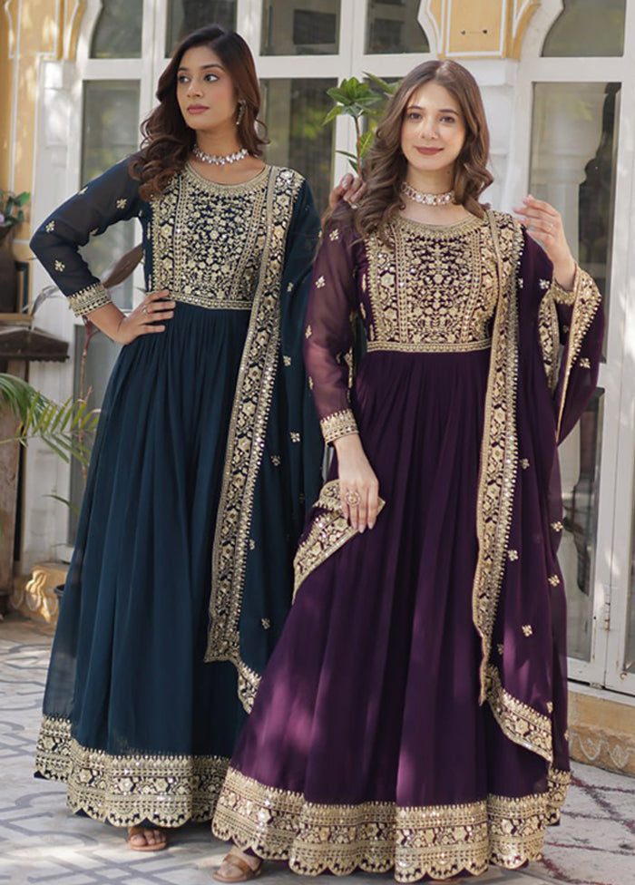 Green & Purple Woven Work Silk Gown pack of 2 With 2 Dupattas