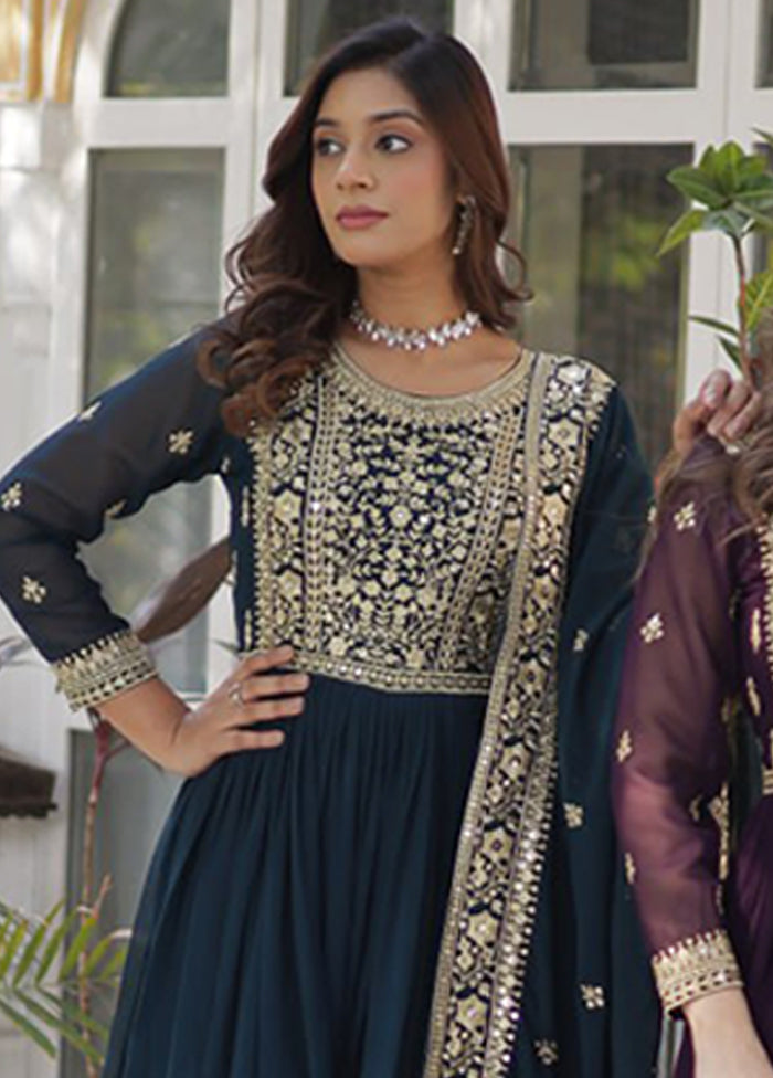 Green & Purple Woven Work Silk Gown pack of 2 With 2 Dupattas