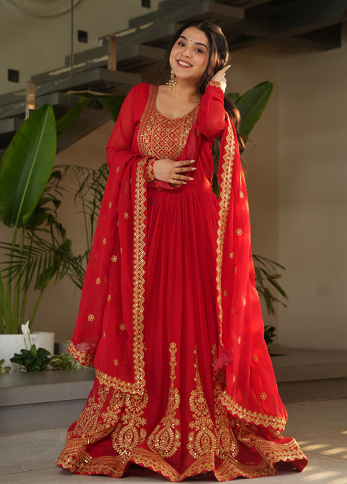 Red Woven Work Silk Gown With Dupatta