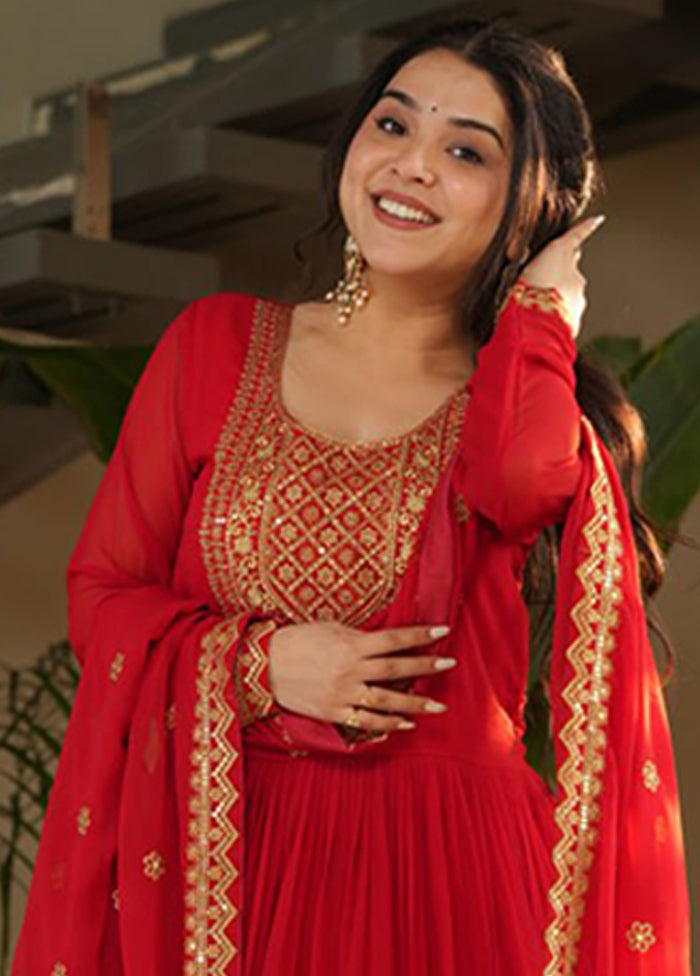 Red Woven Work Silk Gown With Dupatta