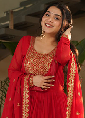 Red Woven Work Silk Gown With Dupatta
