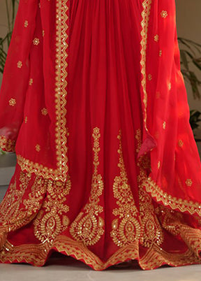 Red Woven Work Silk Gown With Dupatta