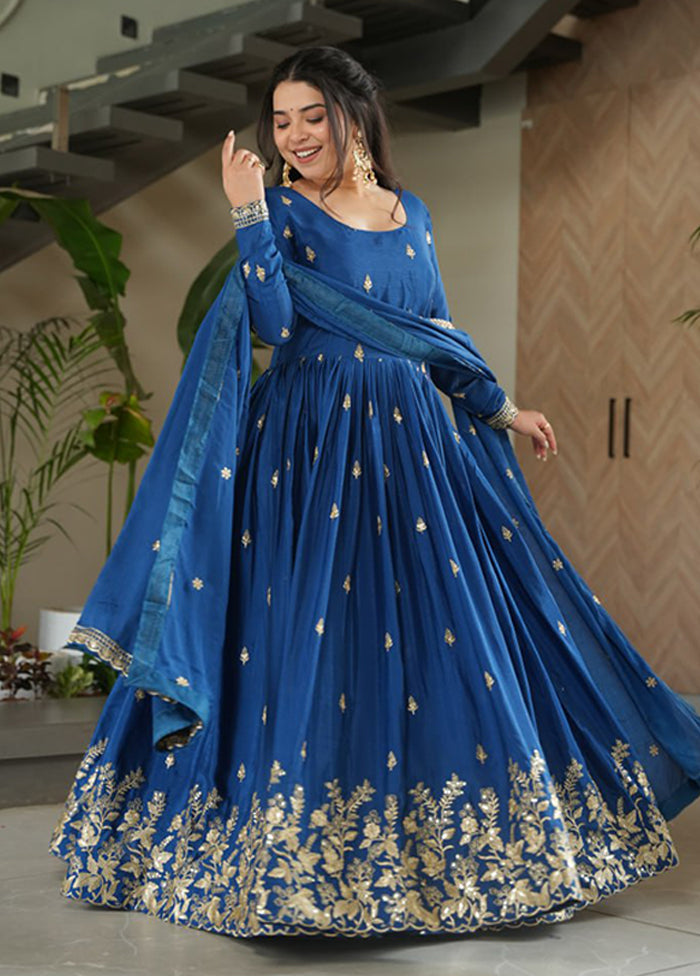Blue Woven Work Silk Gown With Dupatta
