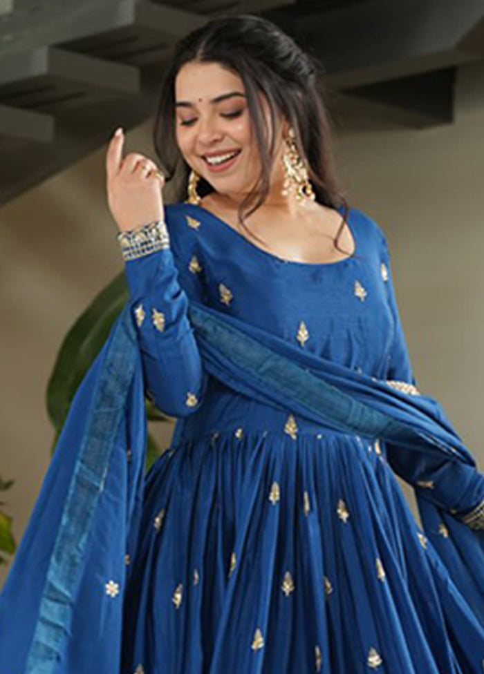 Blue Woven Work Silk Gown With Dupatta