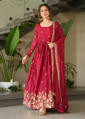 Maroon Woven Work Silk Gown With Dupatta