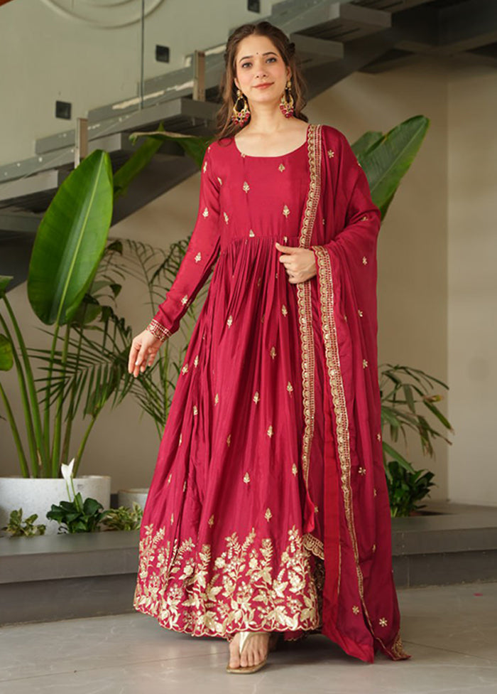 Maroon Woven Work Silk Gown With Dupatta