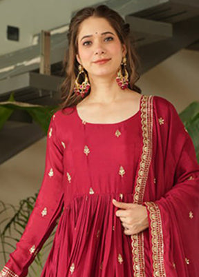 Maroon Woven Work Silk Gown With Dupatta