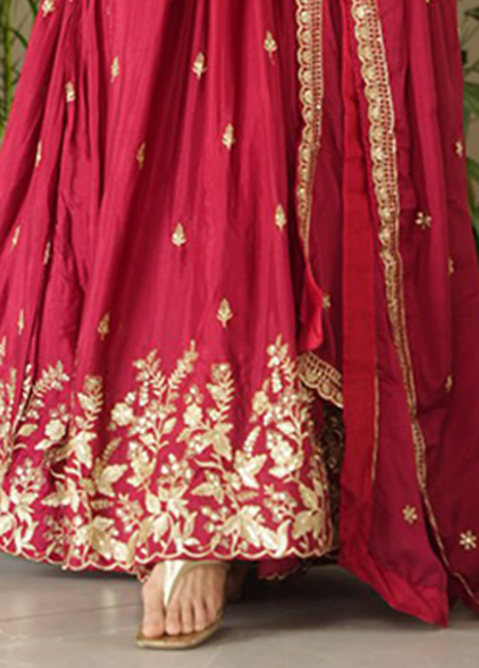 Maroon Woven Work Silk Gown With Dupatta