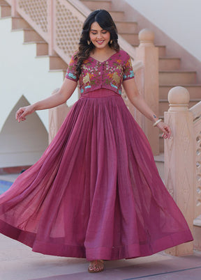 Purple Woven Work Cotton Gown