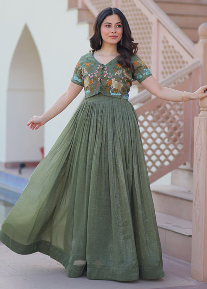 Green Woven Work Cotton Gown