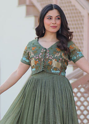 Green Woven Work Cotton Gown