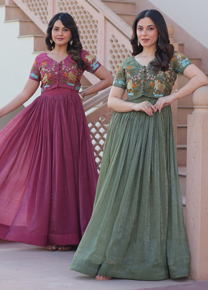 Pink & Green Woven Work Cotton Gown pack of 2