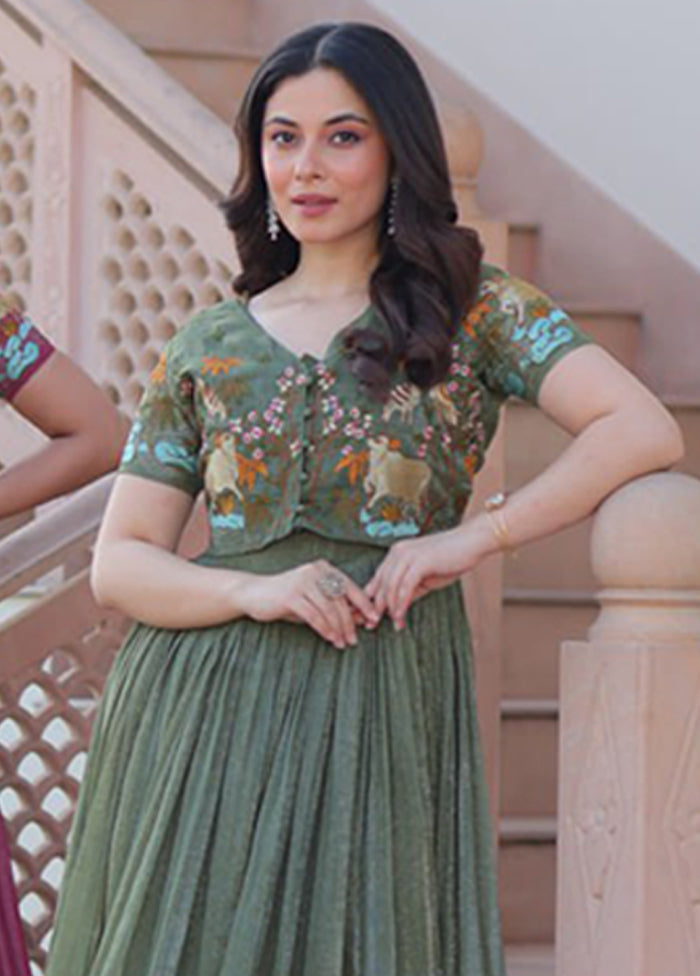 Pink & Green Woven Work Cotton Gown pack of 2