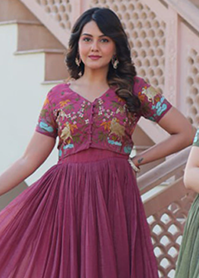 Pink & Green Woven Work Cotton Gown pack of 2