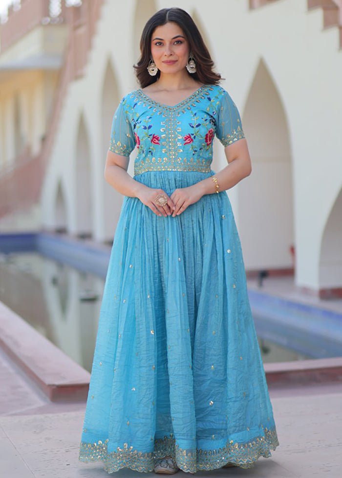 Blue Woven Work Silk Gown