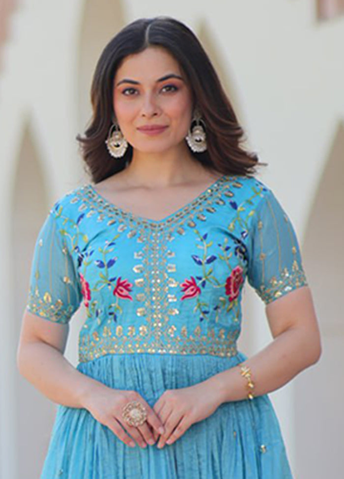 Blue Woven Work Silk Gown