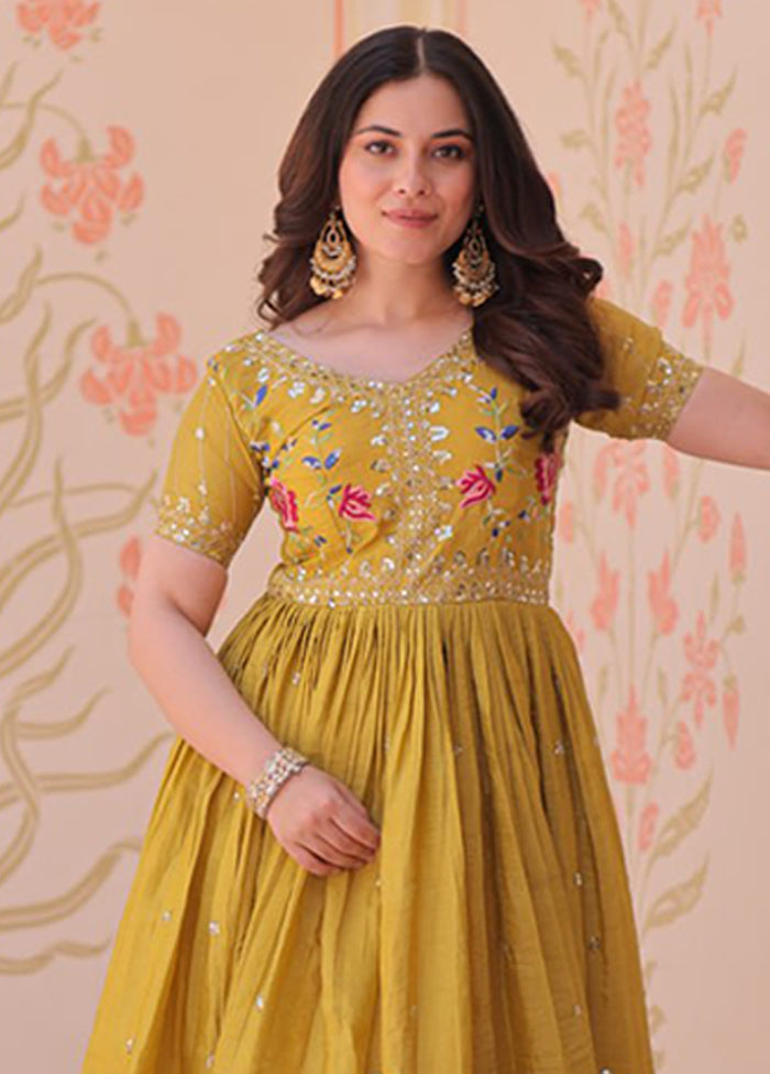 Yellow Woven Work Silk Gown