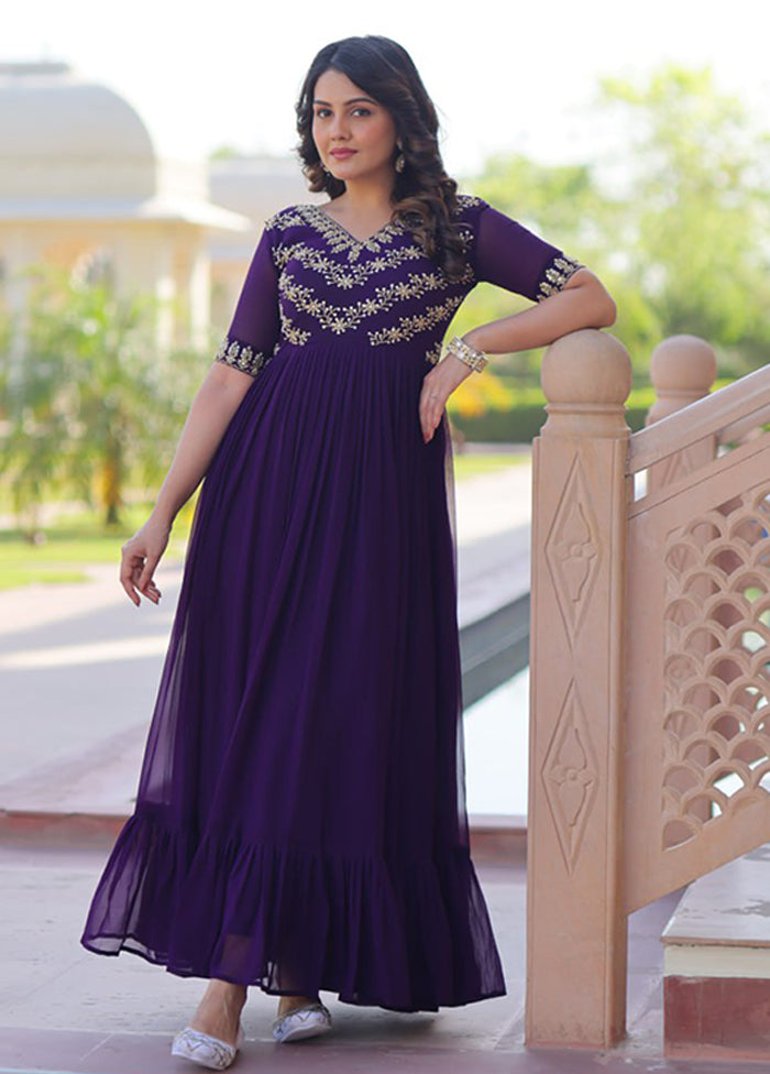 Purple Woven Work Silk Gown