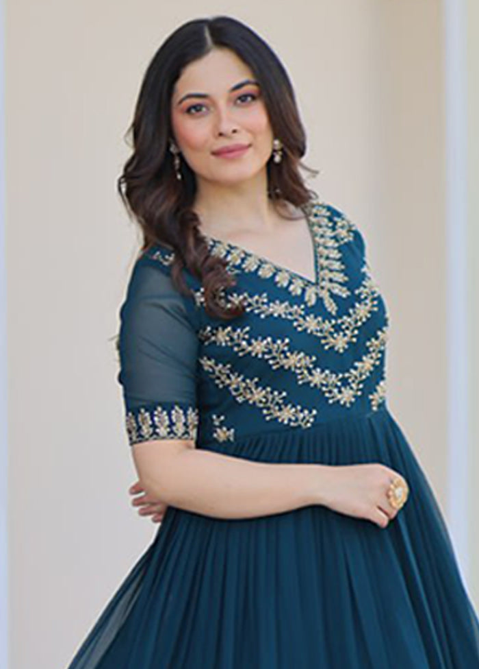 Green Woven Work Silk Gown