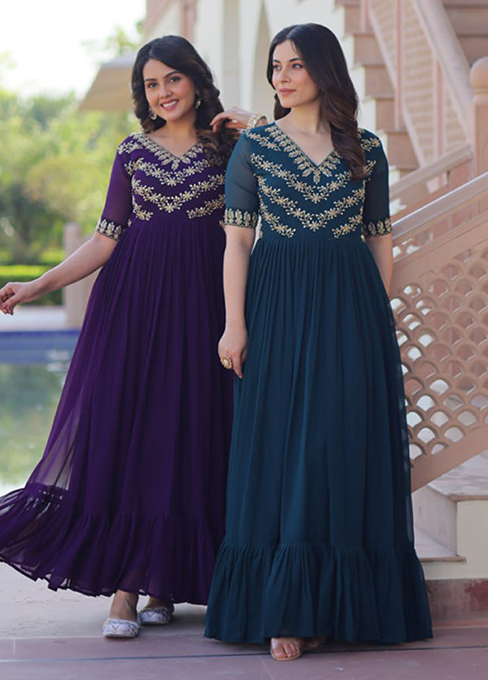 Purple & Green Woven Work Silk Gown pack of 2