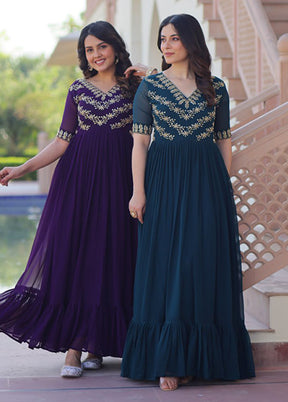 Purple & Green Woven Work Silk Gown pack of 2