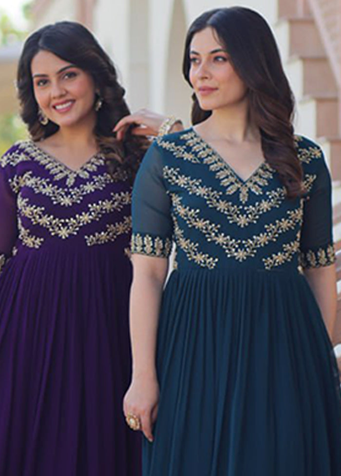 Purple & Green Woven Work Silk Gown pack of 2