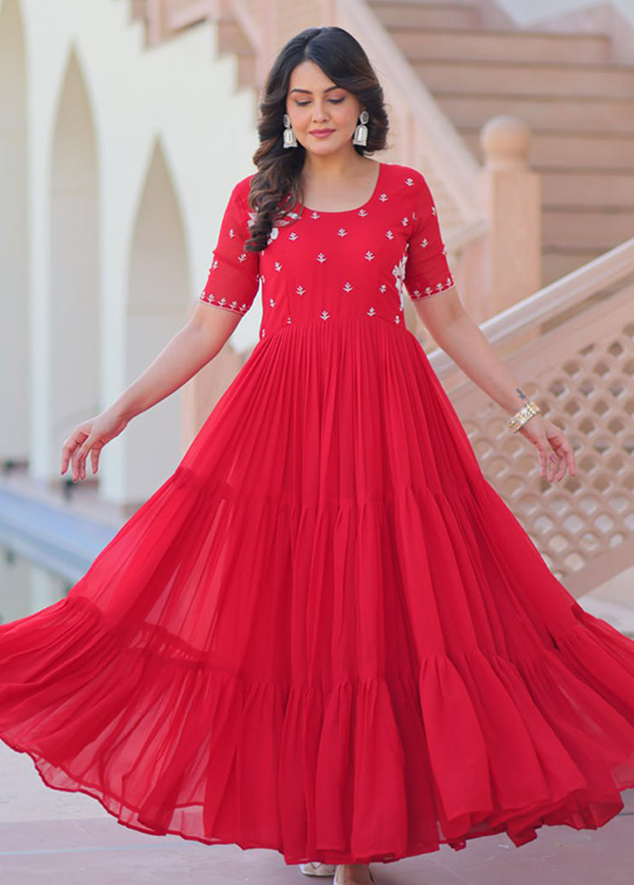 Red Woven Work Silk Gown