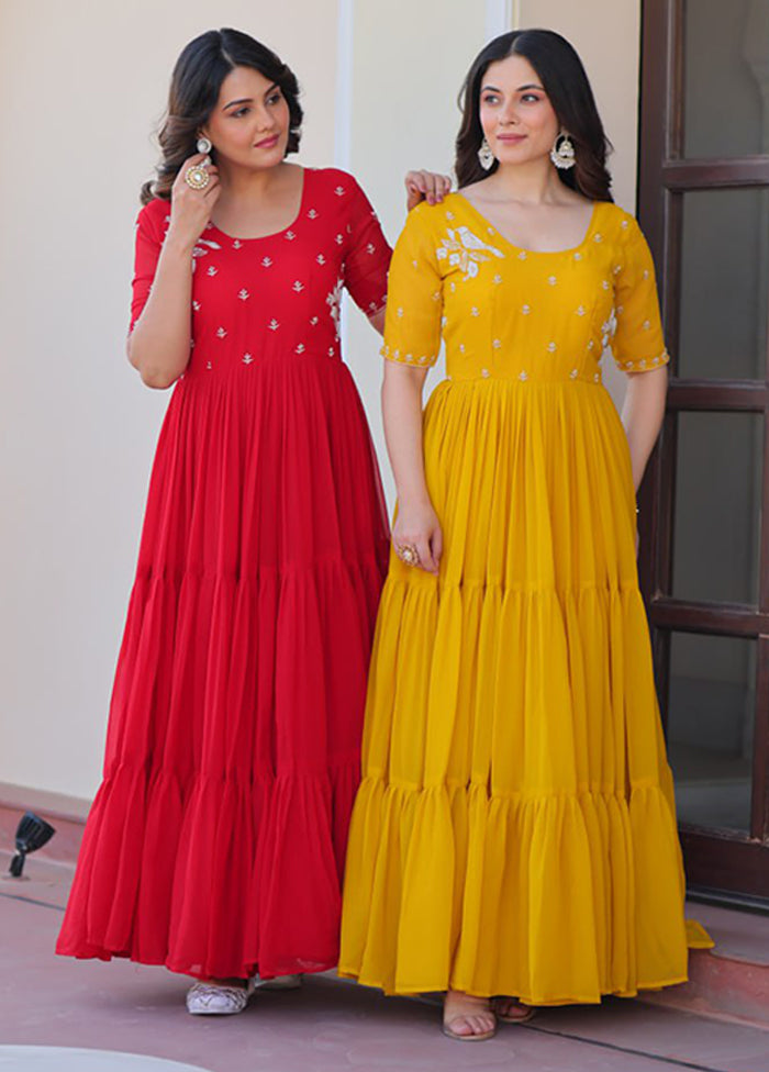 Red & Yellow Woven Work Silk Gown pack of 2