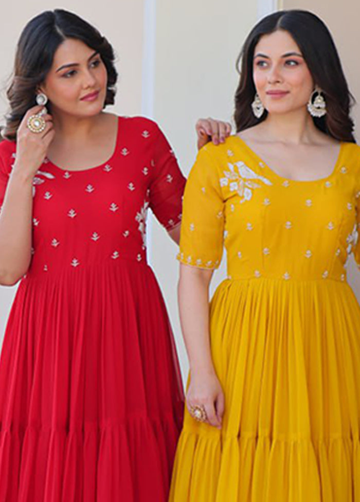 Red & Yellow Woven Work Silk Gown pack of 2