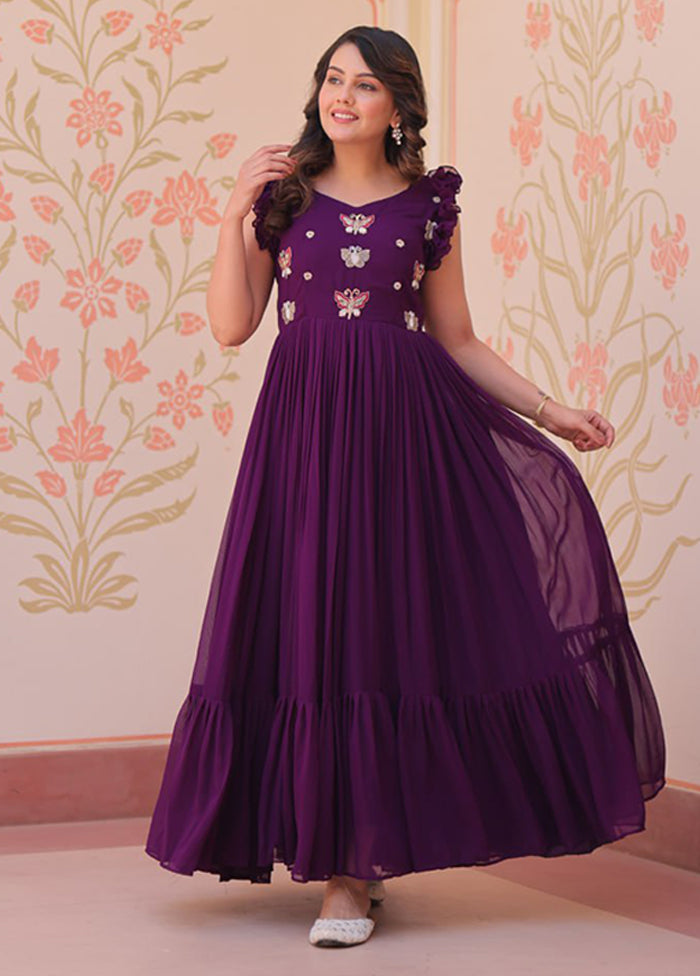 Purple Woven Work Silk Gown