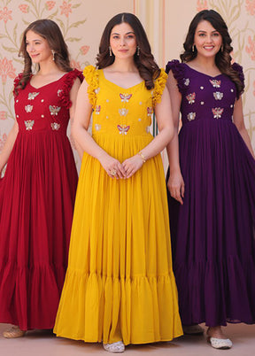 Maroon, Yellow & Purple Woven Work Silk Gown pack of 3